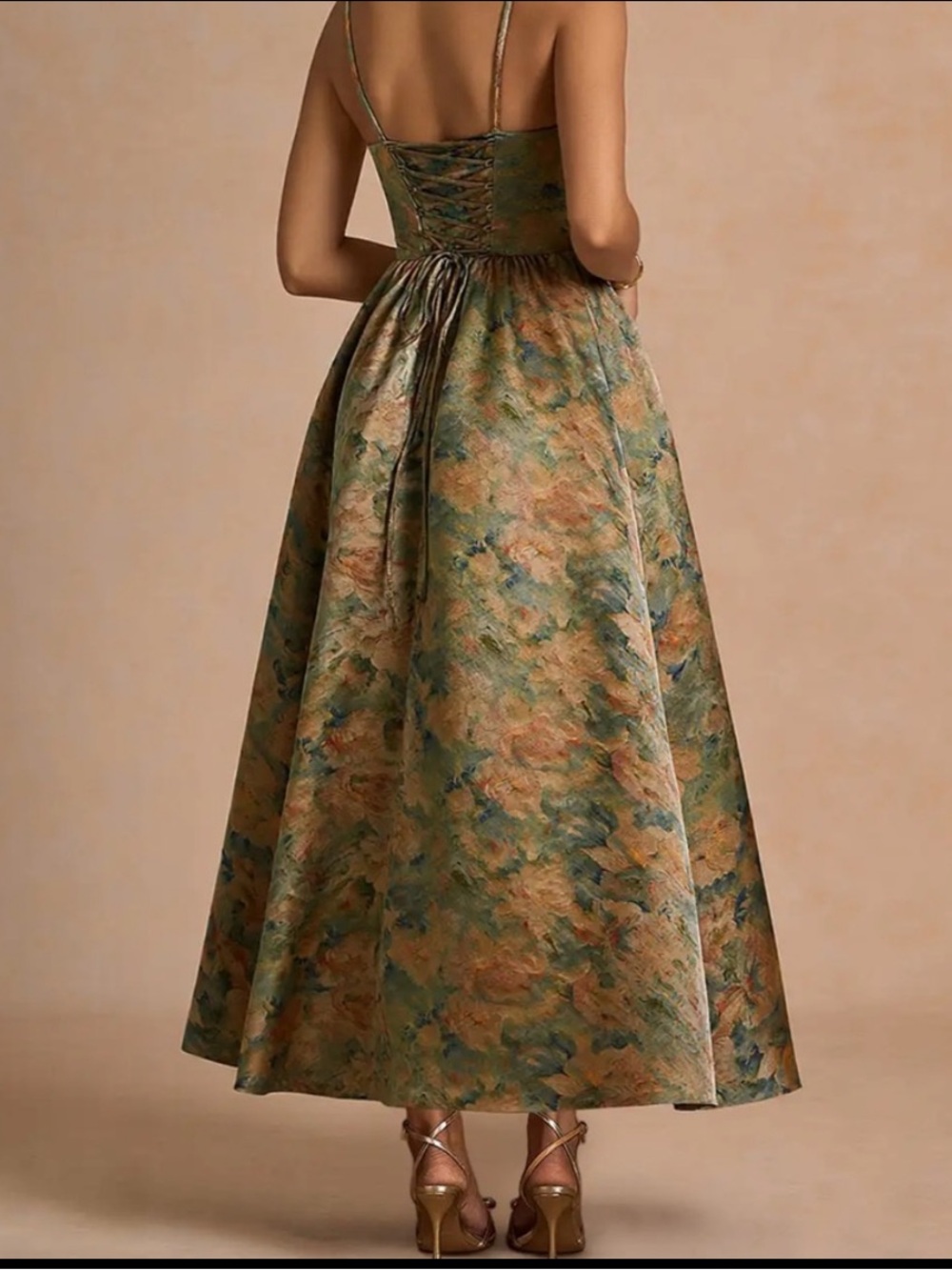 Azazie Strapless Floral Jacquard Dress in Green and Gold - Picture 2 of 3